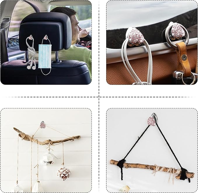 TOMALL Bling Car Hooks 4pcs Heart Shape Accessories Cute Hook for Keys Charging Cable Sunglasses Multifunctional Dashboard Hanging Storage Hook Diamond Accessories for Car for Home DIY Decor (Pink)