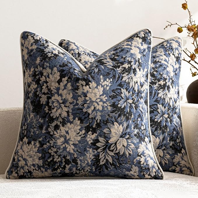 DEZENE Pack of 2 Vintage Floral Throw Pillow Covers 18x18 Boho Farmhouse Accents Chenille Square Decorative Pillow Cases for Living Room Couch Bed Home Decor, Dusty Blue