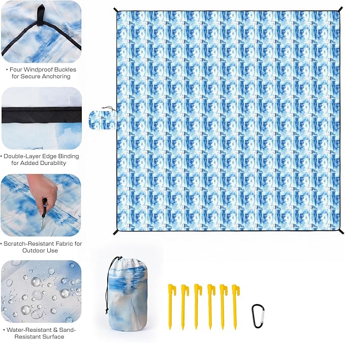 OIGAE Oversized Beach Blanket, 9×10 ft Sand-Free Outdoor Mat for Groups, Quick-Dry Picnic Blanket with Stakes & Corner Pockets, Sailing Boat