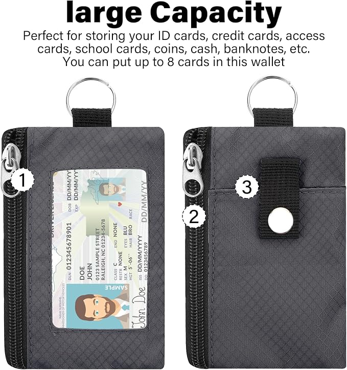 Minimalist Small Wallet for Men Women with 2 Zip Pockets, Multi Functional ID Case with Keychain and Card Holder, Coin Purse Badge Lanyard Pouch for Boys Girls Travel -Gray