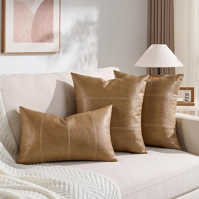 Fancy Homi Light Brown Boho Long Lumbar Faux Leather Decorative Throw Pillow Covers 20x12 Inch for Living Room Couch Bed Sofa, Hand Stitched Rectangle Cushion Case, Rustic Modern Farmhouse Home Decor