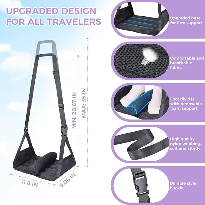 Babenest 1pc Airplane Foot Hammock, Foldable Leg Rest Support with Adjustable Straps to Relieve Swelling, Portable Under Desk Flight Footrest Holder for Air Travel, Office & Car