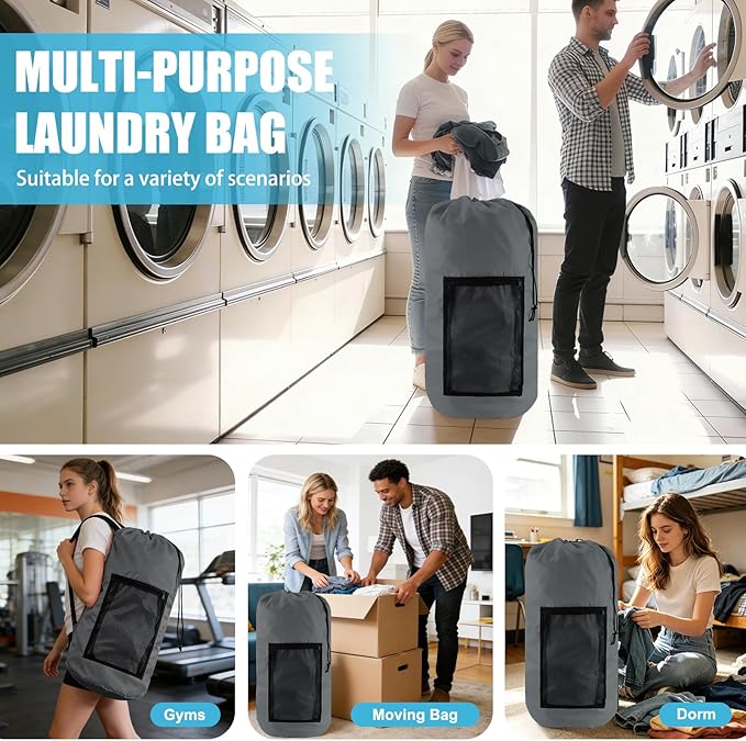 Olosar Laundry Bag Backpack, Extra Large Travel Laundry Bag with Mesh Pocket & Adjustable Shoulder Straps,Dirty Clothes Travel Bag for College Students Dorm,Apartment(Grey)