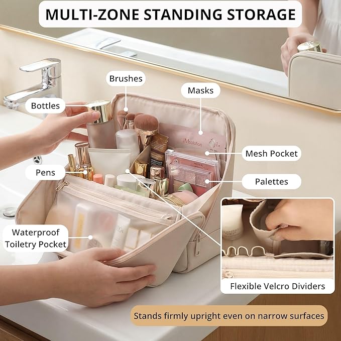 tianzong Travel Makeup Bag with Magnetic Fold-Down Flap, Waterproof Leather Cosmetic and Toiletry Organizer for Women, Multi-Zone Standing Storage, Dusty Rose, X-Large