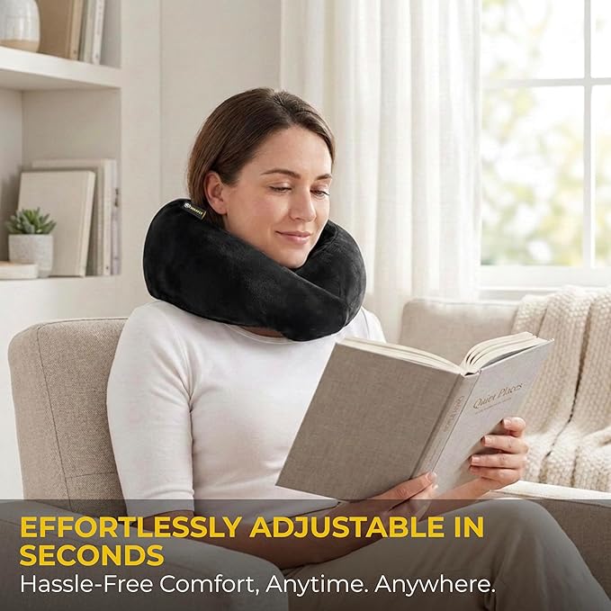 Travel Neck Pillow – Airplane Travel Essentials with Ergonomic Memory Foam Comfort – Premium Travel Pillows for Airplanes and Long Journeys, Compact Carry Pouch (Black)