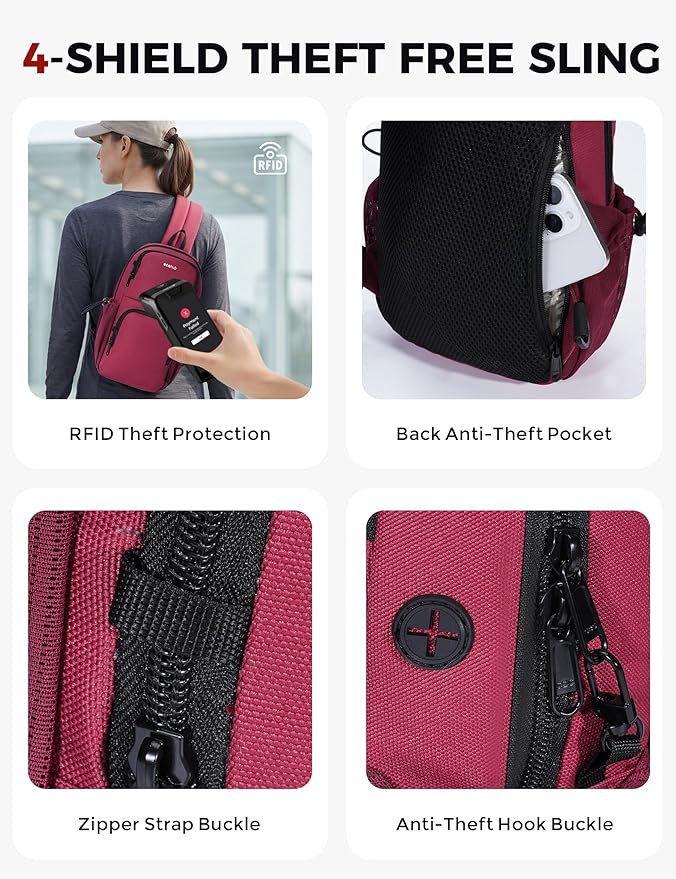 ECOHUB Crossbody Bags for Women Men, Anti-Theft RFID Blocking Sling Backpack Water Resistant Chest Shoulder Daypack, Red