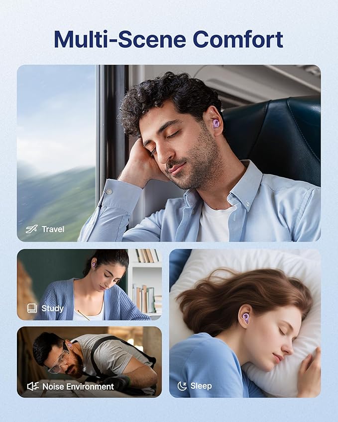 Ear Plugs for Sleeping Noise Cancelling, 45dB Reusable Earplugs for Noise Reduction, Hearing Protection Ear Plugs with 8 Ear Tips, Soft Silicone Earplugs for Sleep, Concerts, Snoring, Study (Purple)