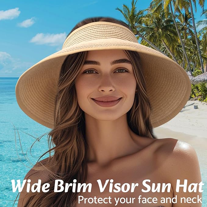 NPQQUAN Sun Visor Hats for Women Wide Brim Ponytail Straw Beach Hat Packable Foldable UPF 50+ Floppy Travel Hats