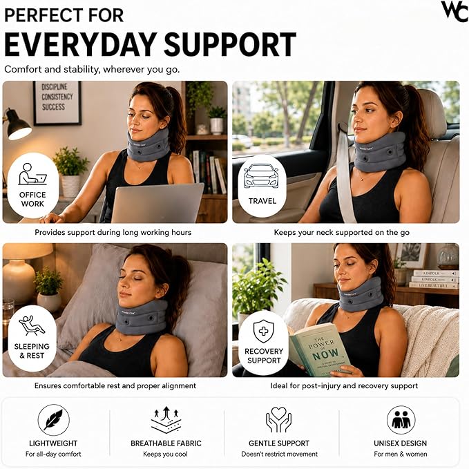 Wonder Care Neck Brace for Sleeping Cervical Collar Adjustable Neck Support Brace Relief Cervical Spine Pressure Ideal for Travel, Office Workers & Neck Injury Recovery, Large