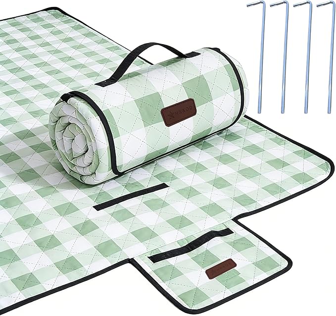 HX&OD Outdoor Picnic Blanket, Extra Large, 80''x60'' Waterproof Foldable Blankets Gingham Picnic Mat for Beach, Camping Grass Lawn Park Accessories Cute Couple Ideas Wedding (Green, 80”x60”)