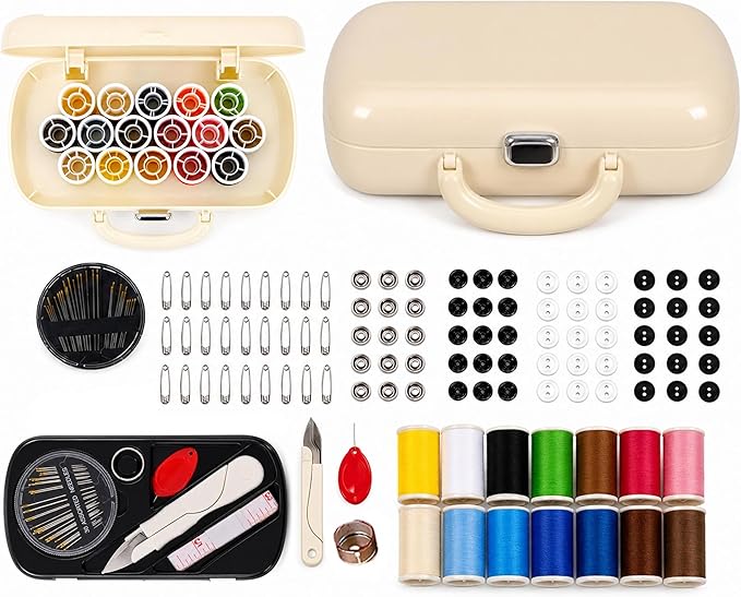 WANSHUNLMI 150 Pcs Creamy White Sewing Project Kit, Travel Family Sewing Supplies Repair Kit Portable Small Traveler Sewing Kit Sewing Thread Accessories DIY Sewing Supplies Organizer (White)