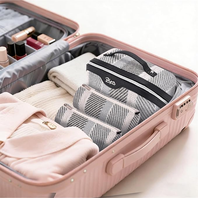 BOYATU Travel Makeup Bag Cosmetic Bag for Women: 3 Pcs Set Make up Bag with Compartments - Waterproof Vegan Leather Toiletry Bags with Handle - Makeup Organizer for Travel Essentials(C-4-Black)