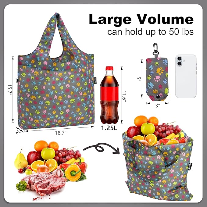 HOLYLUCK Reusable Grocery Bags,Heavy Duty Foldable Shopping Tote Bag (Standard, 3 Dog Paw Prints)