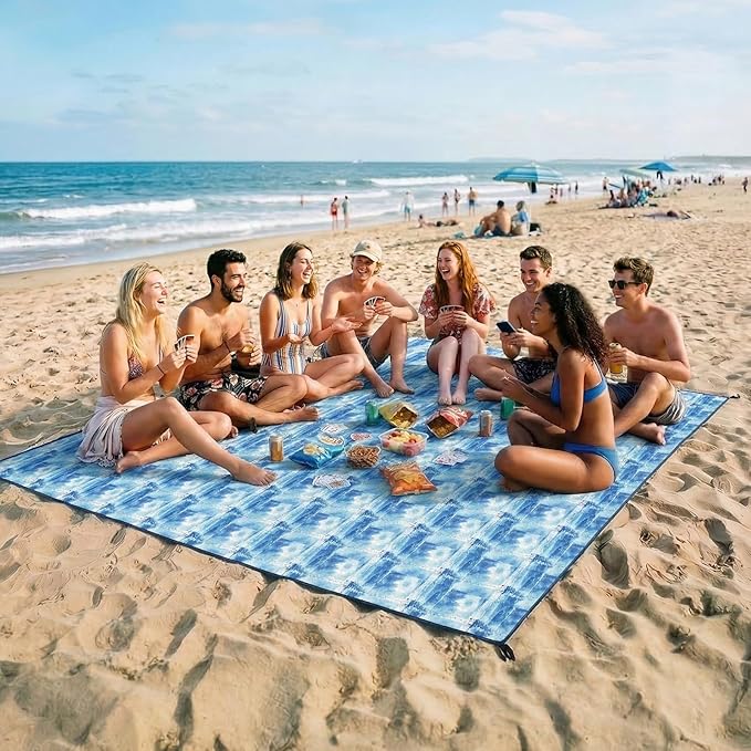 OIGAE Oversized Beach Blanket, 9×10 ft Sand-Free Outdoor Mat for Groups, Quick-Dry Picnic Blanket with Stakes & Corner Pockets, Sailing Boat