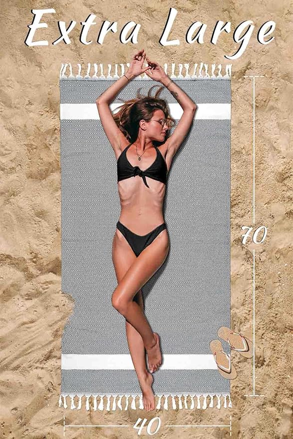 cabanana Turkish Beach Towel Oversized - 40"x70" Quick Dry Sand Free Thin Beach Towels for Adults,Extra Large Cotton Lightweigh Travel Towel for Beach Accessories (Diamond Black)