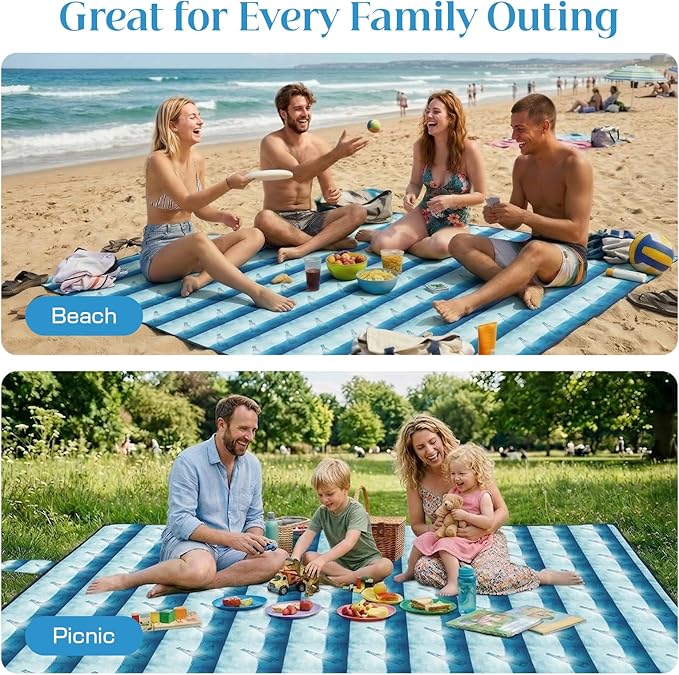 OIGAE Oversized Beach Blanket, 9×10 ft Sand-Free Outdoor Mat for Groups, Quick-Dry Picnic Blanket with Stakes & Corner Pockets, Drift Bottle