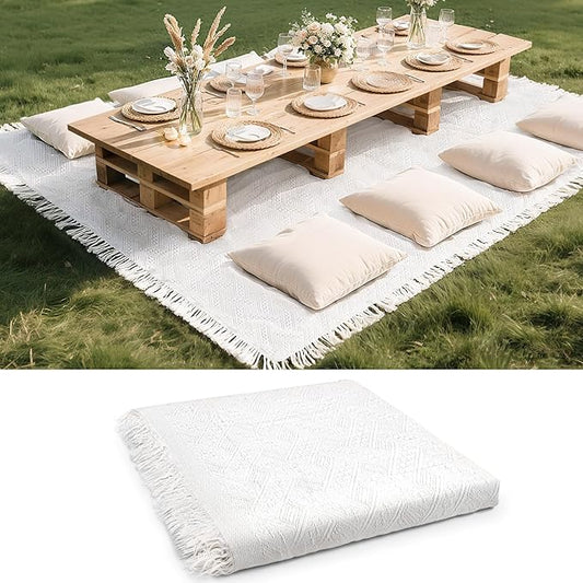134 x 91 Extra Large White Outdoor Picnic Blanket, Woven Cotton Yarn Oversize Portable Blanket with Fringe for Camping, Lawn or Wedding Photoshoot. Indoor Bohemia Decorations, Machine Washable