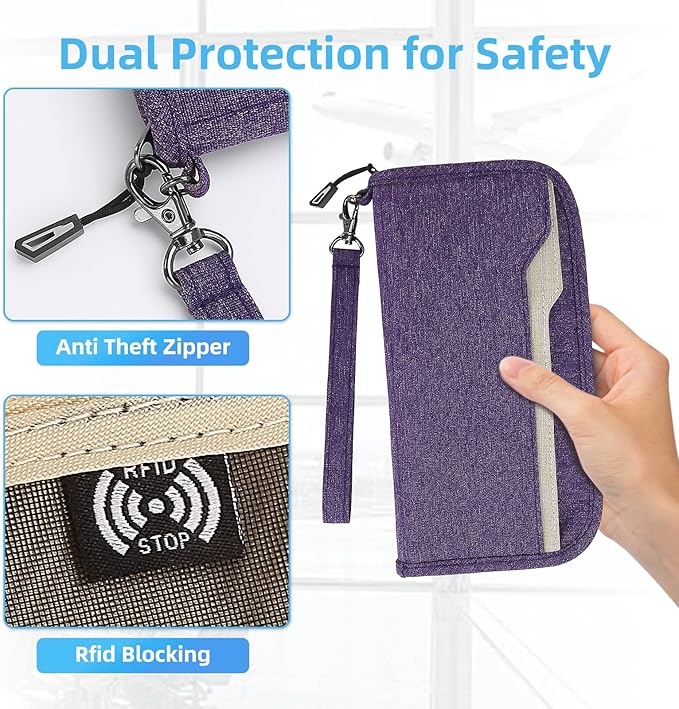 ZOPPEN Passport Holder Family RFID Passport Wallet, Passport Holder Women/Men, Travel Wallet Documents Organizer Zipper Case with Removable Wristlet Strap, Travel Essentials for Flying