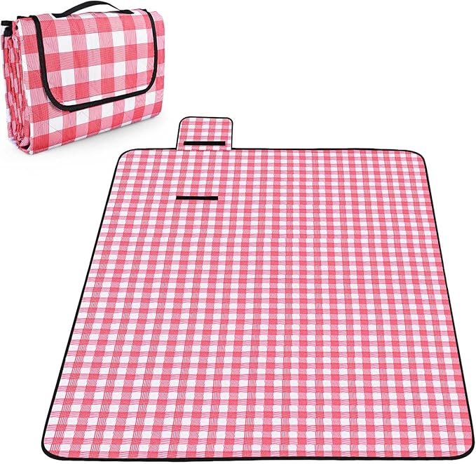 OBTANIM Extra Large Picnic Blanket 60 x 80 Inch Waterproof Foldable Beach Blankets Outdoor Picnic Mat for Camping Grass Lawn Park Music Festival Party Accessories (Red and White)