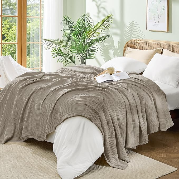 BEDELITE 100% Cotton Muslin Blankets for Adults - 4-Layer King Size Breathable and Lightweight Gauze Blanket for Couch, Bed, Travel and Summer, Soft & Cozy Gift for Women, Taupe, 108"x90"