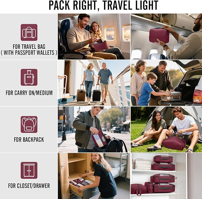 Veken 8 Set Packing Cubes for Travel Essentials,Anti-Wrinkle Buckled Suitcase Organizer for Shoe & Toiletry Bag,Carry On Luggage Bag for Airplane & College Dorm Room Accessories,Women Men Gifts,Wine