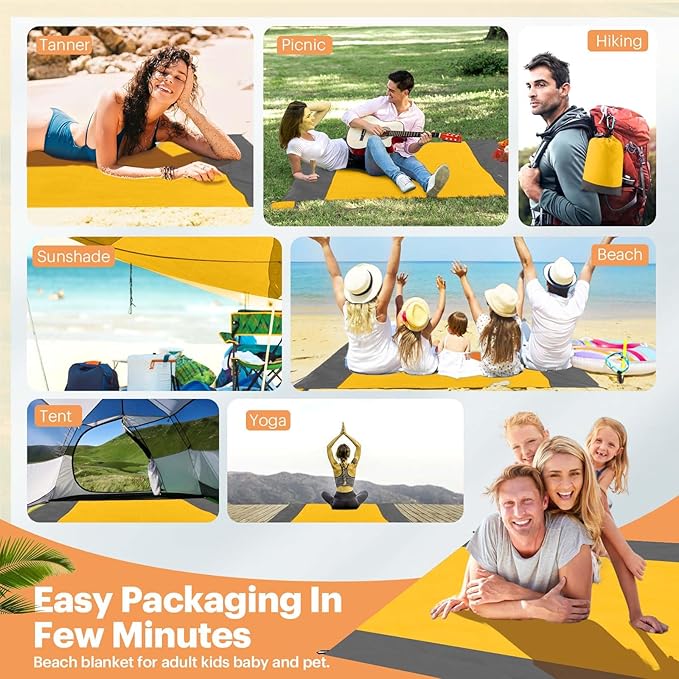 EASYFUN Beach Blanket Sandproof Oversized, 79''×83'' Extra Large Beach Mat, Portable Picnic Mat for Travel Camping Hiking, Lightweight Beach Essentials Family Water Resistant Mat