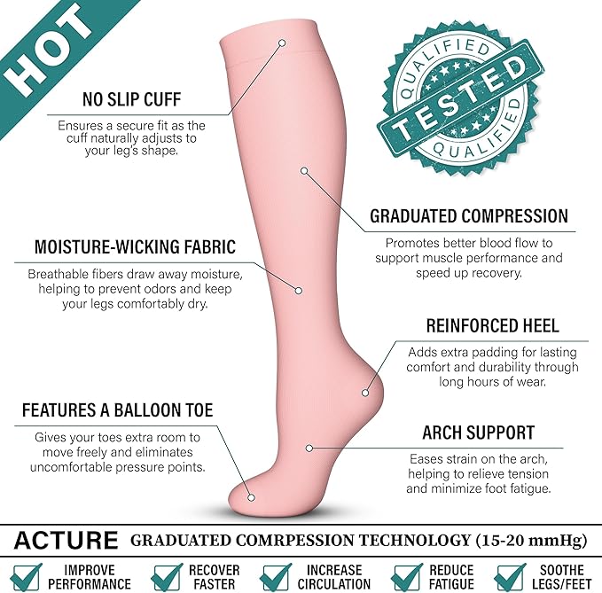 Acture 6 Pack Compression Socks for Women and Men - Knee High for Medical, Running, Nurses, Travel