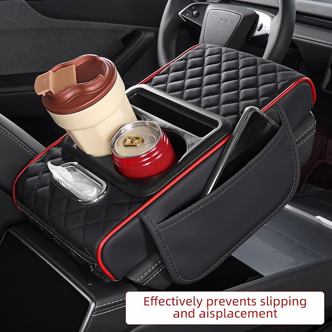 5 in 1 Car Center Console Cover, Armrest Pad with 2 Storage Pockets, Cup Holder, Tissue Slot, Phone Holder, Nappa Leather Memory Foam Car Accessories for SUV Sedan Truck (Black Red Stitch)