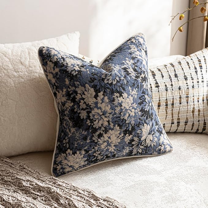 DEZENE Pack of 2 Vintage Floral Throw Pillow Covers 16x16 Boho Farmhouse Accents Chenille Square Decorative Pillow Cases for Living Room Couch Bed Home Decor, Dusty Blue