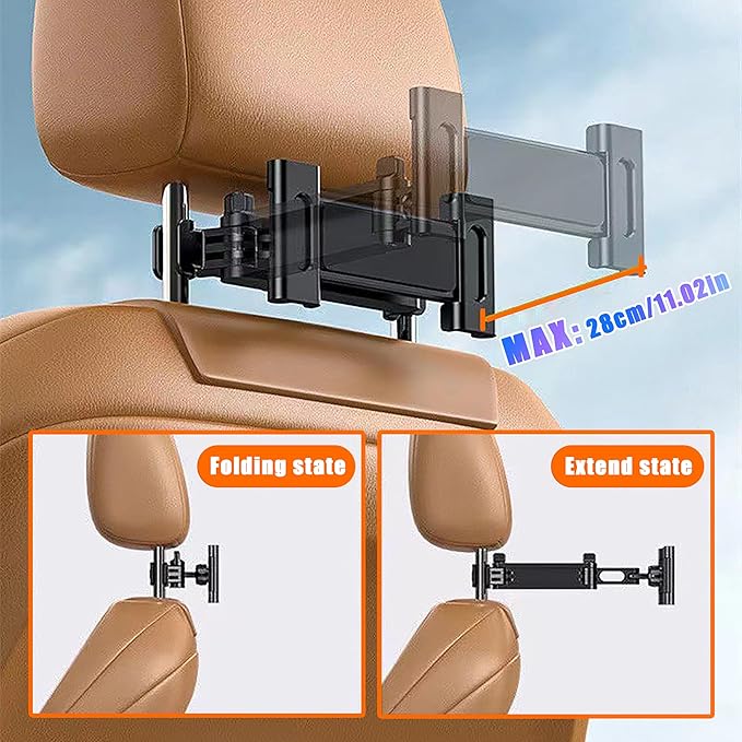 Car Tablet Holder for Backseat, for ipad Headrest Mount, Car Mount for Back Seat with 360°Rotating, [3 in 1 Extension Arm], for Most Tablets/Phones, Fit Larger Tablet(Short Side ≤10.6") - Black
