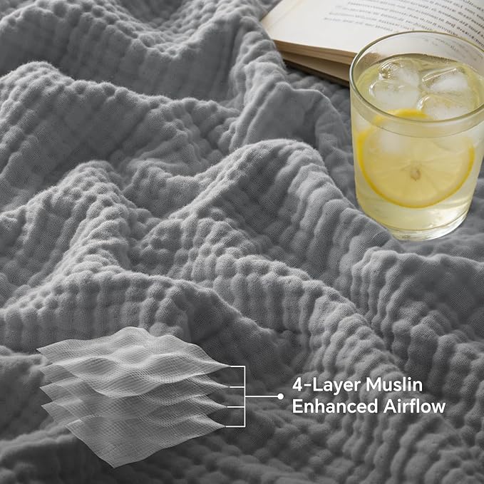 BEDELITE 100% Cotton Muslin Blankets for Adults - 4-Layer Queen Size Breathable and Lightweight Gauze Blanket for Couch, Bed, Travel and Summer, Soft & Cozy Gift for Women, Grey, 90"x90"