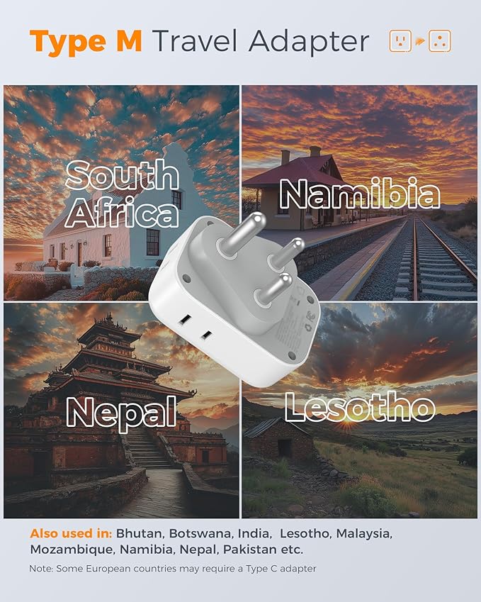 TESSAN South Africa Power Adapter, Type M Plug Adaptor with 4 American Outlets 3 USB Charger (1 USB C Port) for US to Bhutan Botswana Namibia Nepal