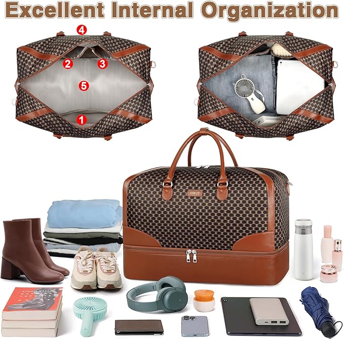 ITIEZY Weekender Overnight Bag for Women - Large Travel Duffel Bag with Shoe Compartment, Gym Duffel Bag Hospital Bag Carry On Tote Bags for Airplanes with Crossbody Bag Toiletry Bag 3Pcs Set