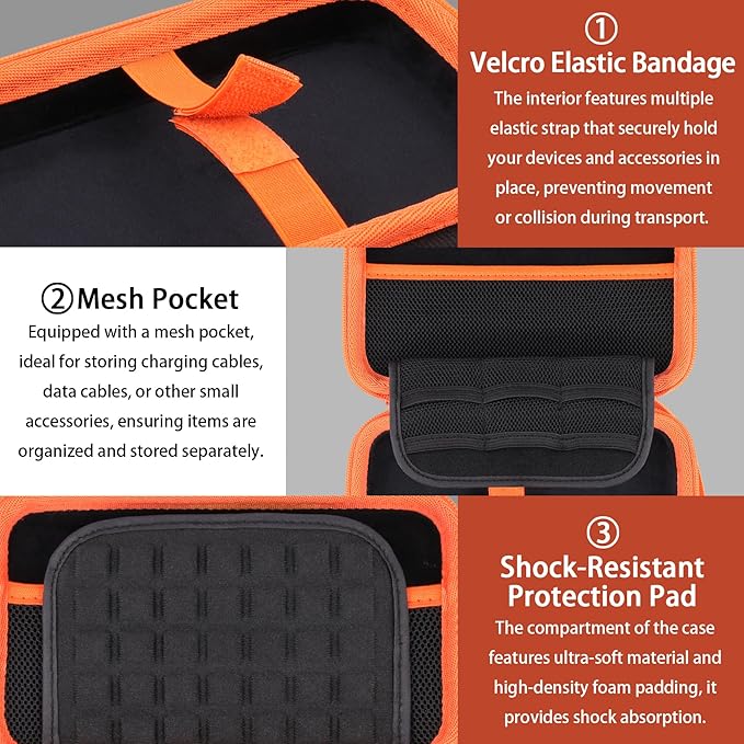 co2CREA Hard Case Replacement for Wildgame Innovations Trail Pad VU60 / Stealth Cam SD Card Reader Viewer 4.3" LCD Screen, Black Case + Orange Zipper