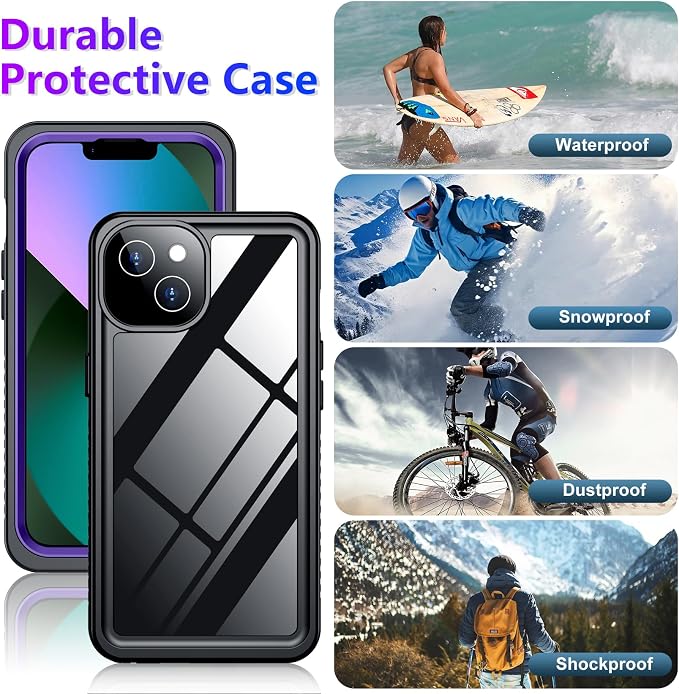Compatible with iPhone 13 Case Waterproof, Built-in Screen & Camera Protector IP68 Underwater Full Body 13FT Military Dropproof Shockproof Phone Case 6.1"-Purple/Clear