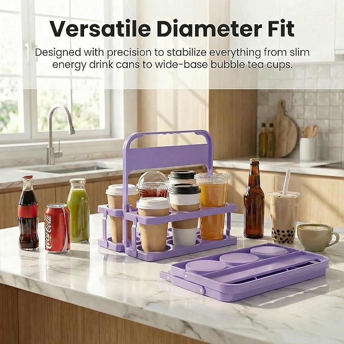6 Cup Drink Carrier for Delivery - Foldable Drink Holder with Handle, Reusable Cup Carrier for Drinks, Portable Beverage Caddy Accessories for Parties, Camping, Car, Coffee & Bottles (Lavender)