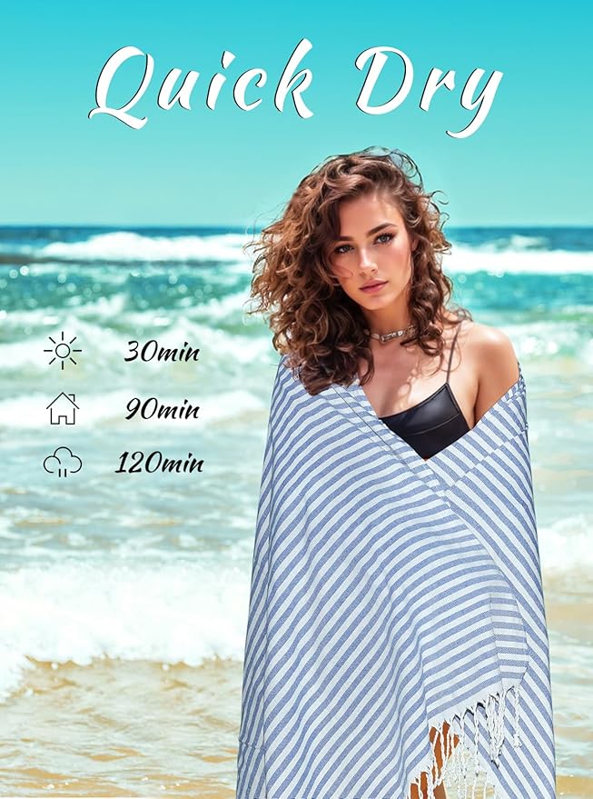 cabanana Turkish Beach Towel Oversized - 40"x70" Quick Dry Sand Free Thin Beach Towels for Adults,Extra Large Cotton Lightweigh Travel Towel for Beach Accessories (Blue)