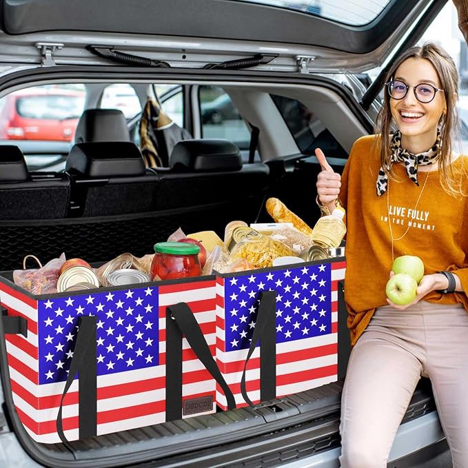 Patriotic Bags - Heavy Duty Reusable Grocery Bags with Hard Bottom & Long Handles, Foldable Reusable Shopping Bags with Box Shape to Stand Up, 3 Pack, Patriotic