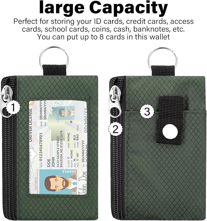 Minimalist Small Wallet for Men Women with 2 Zip Pockets, Multi Functional ID Case with Keychain and Card Holder, Coin Purse Badge Lanyard Pouch for Boys Girls Travel -Green
