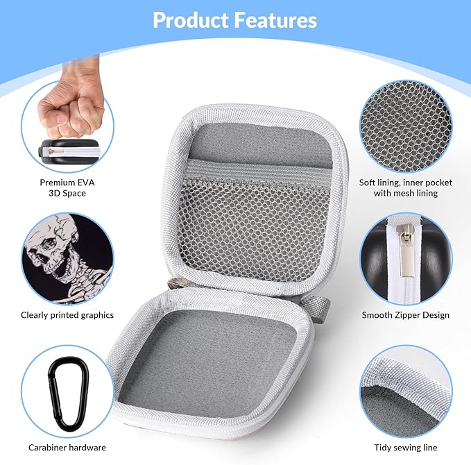Earbud Case, Personalised Patterned Portable EVA Headphone case Cell Phone Accessories Organizer with Carabiner for Wired/Wireless Earphone, Earbud, Earpieces, SD Memory Card, Camera Chips