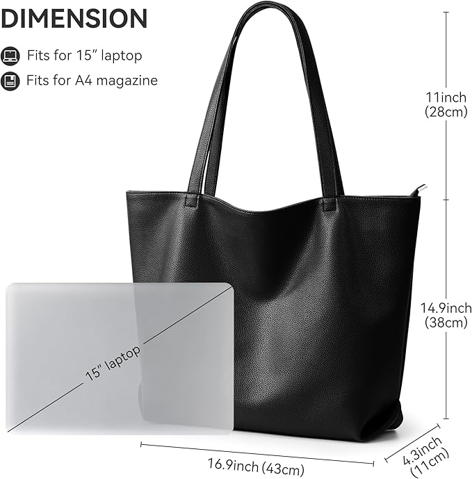 WLLWOO Soft Vegan Leather Tote Bag for Women Large Casual Hobo Handbags Zipper Shoulder Work Daily Weekender Travel Purse