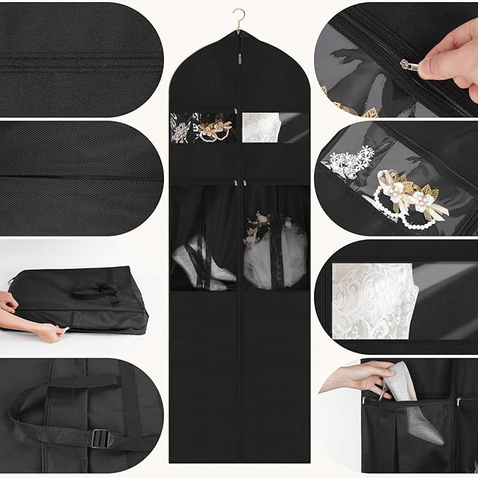 Wedding Dress Garment Bag,72’ Tri-Fold Bridal Gown Bag with 6 Pouches and Adjustable Buckle Gown Cover for Wedding/Prom/Travel/Closet Storage (Black)