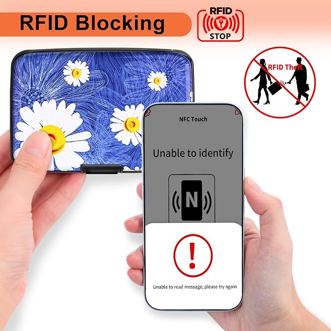 Mayski Credit Card Holder, RFID Blocking, Aluminum Alloy Hard Case, Small Mini Business Metal Wallet for Women Men, White Flower