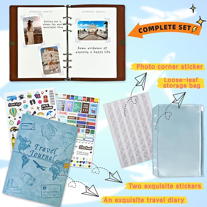 Travel Journal for Women Men and Couples, Leather Travel Notebook with Prompts, Travel Memory Book & Adventure Book (Blue)