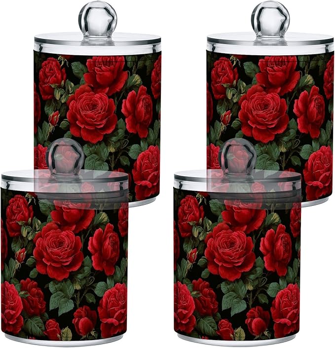 Gredecor Qtip Holder Dispenser 2 Pack Red Rose Flowers Leaves Bathroom Decorative Storage Canister Holder Counter Vanity Organizer for Cotton Ball Swabs Pads Floss