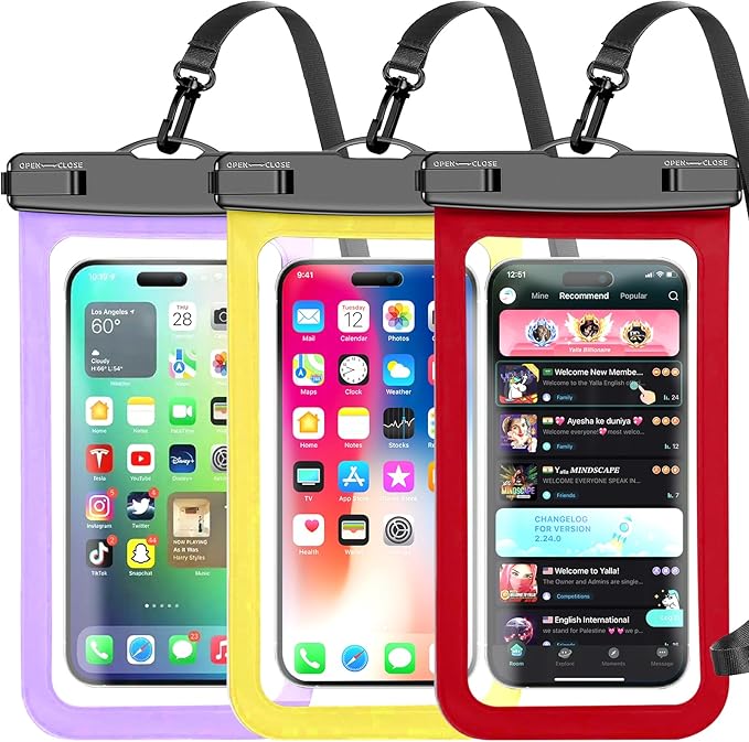 Waterproof Phone Pouch,3 Pack Multicolor Cell Phone Waterproof Case Dry Bag,Protection Level: IP68,Beach Cruise for Apple iPhone,Samsung,and More,Lanyard Included,(Fits Up to 8.3”),Red,Purple,Yellow