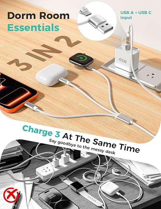 2Pack Travel Essentials for Apple Watch Charger,Cruise Vacation Camping Essentials,iPhone Charger,Multi Charging Cable,3 in 2 Charging Docks for iWatch Series 11-2/Ultra,iPhone 17-12,Car,White