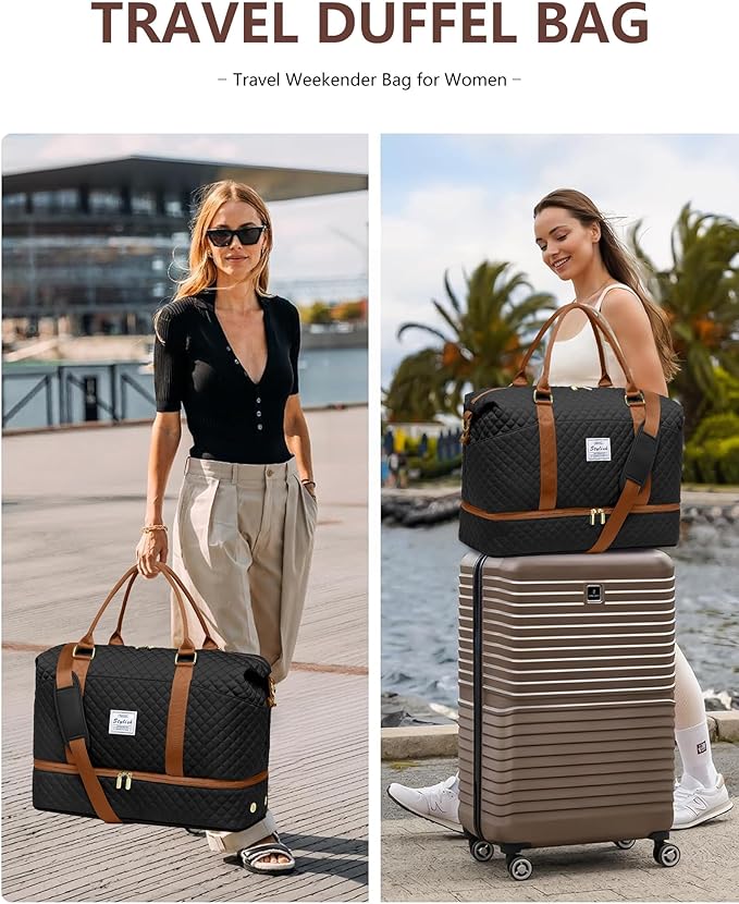 Travel Duffle for Women Weekender Bags - Large Duffel Overnight Bag with Shoe Compartment Carry on Tote Toiletry Weekend Yoga Gym Bags with Wet Pocket Hospital for Labor and Delivery Black Brown