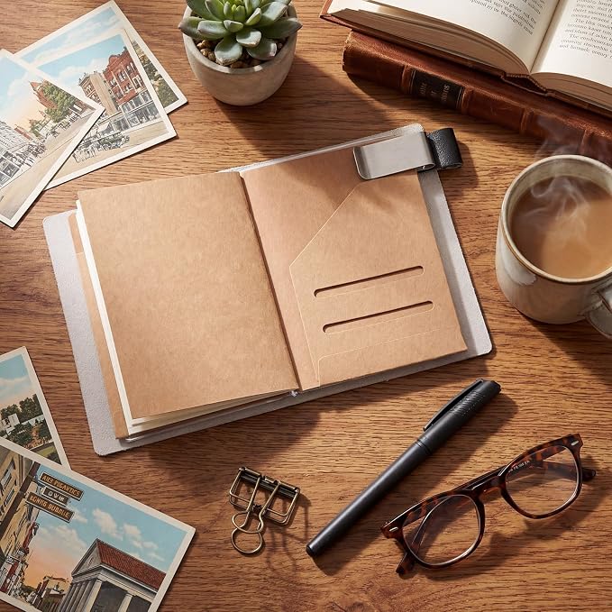 Thenshop Travelers Refillable Leather Journal Notebook Travel Diary Handmade Passport Travelers Journal for Men and Women with 3 Notebook Inserts, Pen Holder, Binder Clip(White,Passport Size)