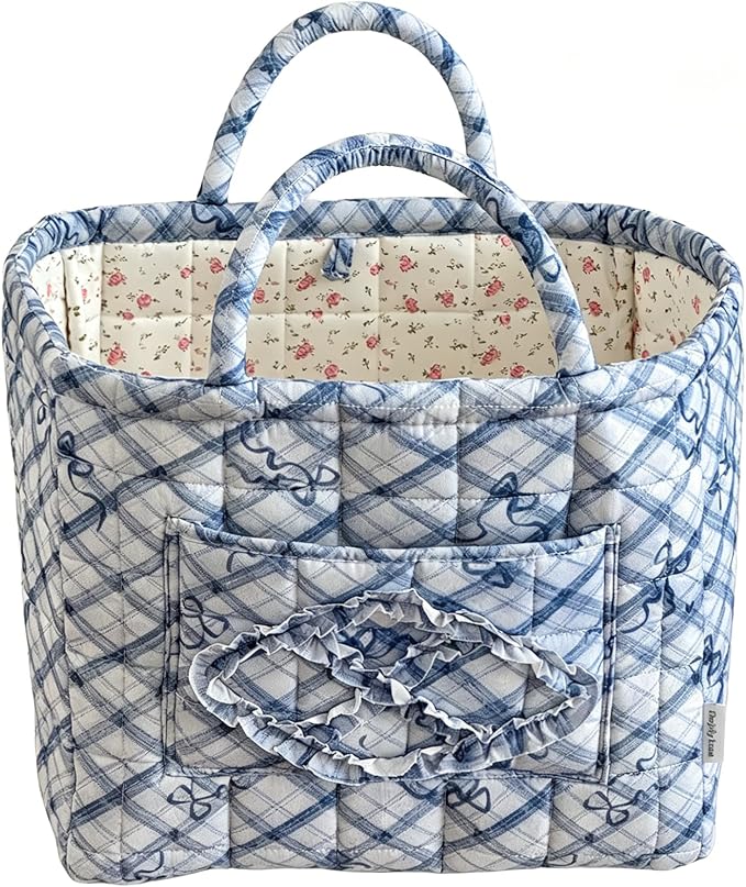 Floral Fabric Storage Basket Car Interior Storage Basket Underwear Sundries Laundry Baskets Supplies Home Organizer Bag (blue bow)